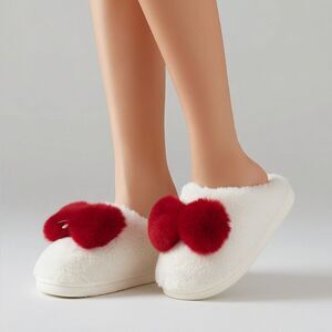 Women’s white red bow snowman furry fluffy slippers Size Large 8/9 NEW